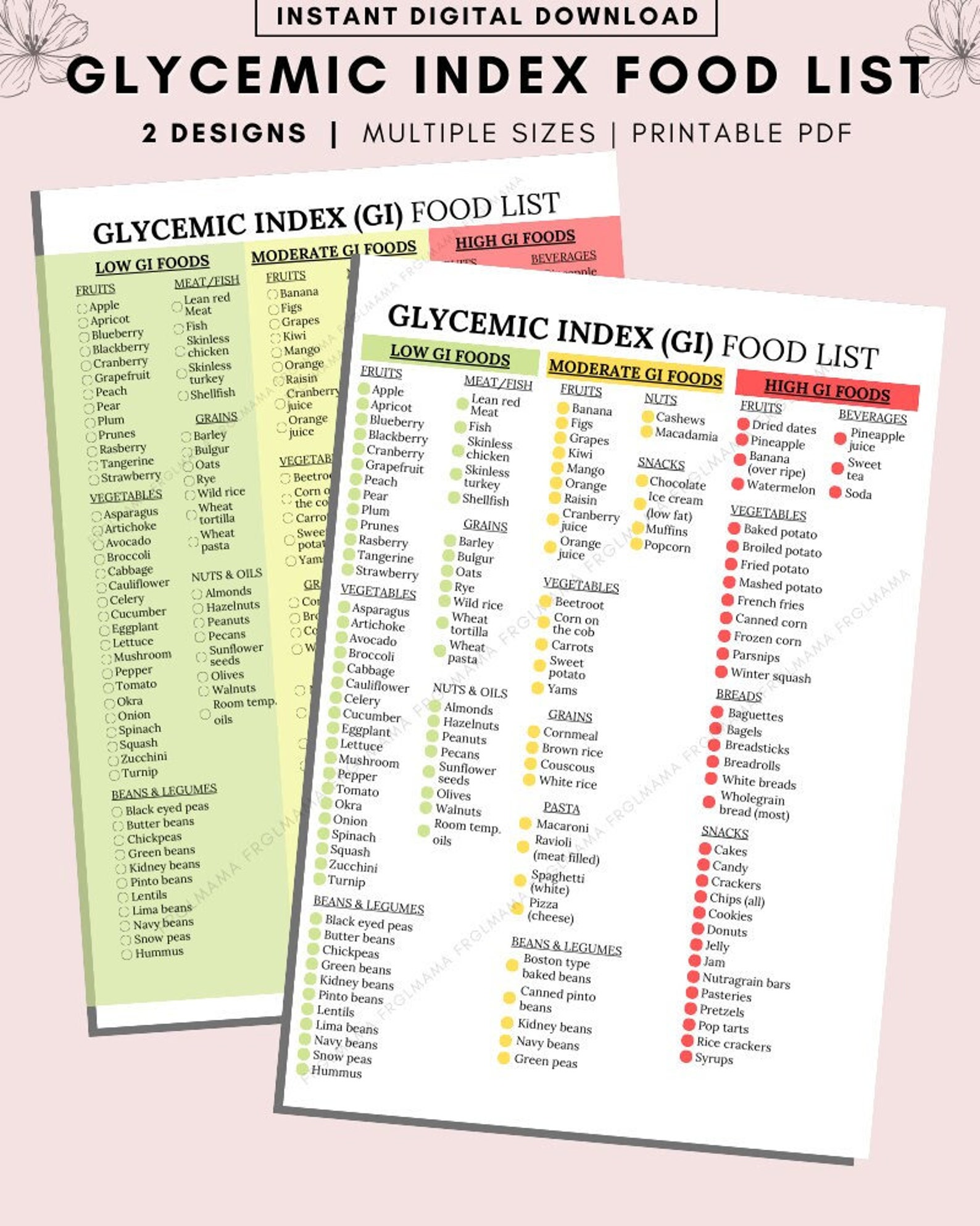 Glycemic Index Food List Printable Glycemic Food List Etsy UK