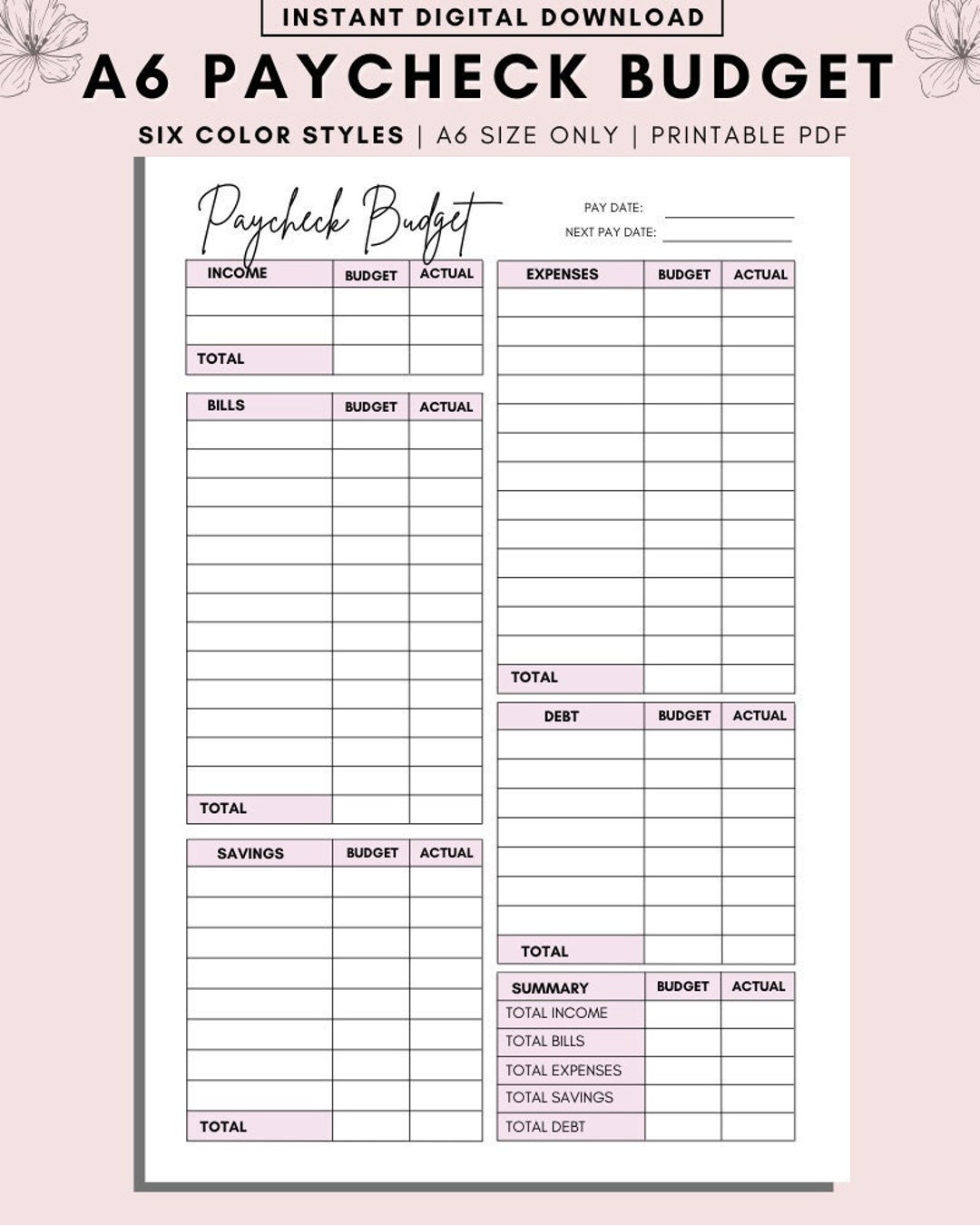 Paycheck Budget Overview Template Printable, Paycheck Budget Printable ...