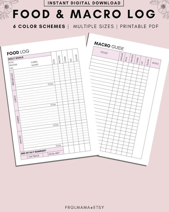 Daily Food Log & Macro Quick Reference Printable Planner