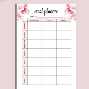 May include: A pink meal planner with floral decorations. The planner has sections for each day of the week, with spaces for breakfast, snack, and lunch. The text "CUTE MEAL PLANNER TO CAPTURE YOUR MEALS FOR THE WEEK" is at the top.