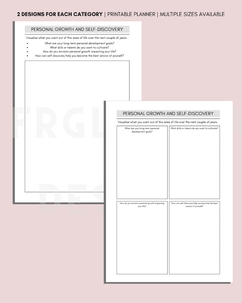K&ouml;nnte beinhalten: Zwei druckbare Planerseiten mit dem Titel "Pers&ouml;nliches Wachstum und Selbstfindung". Die Seiten enthalten Aufforderungen zur Reflexion &uuml;ber pers&ouml;nliches Wachstum und Selbstfindung.