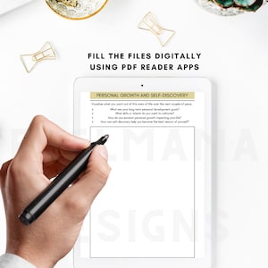 May include: A white tablet with a black stylus on the screen. The tablet displays a worksheet titled "Personal Growth and Self-Discovery" with questions about personal development goals and self-discovery.