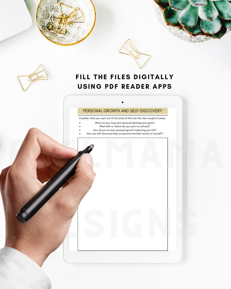 May include: A white tablet with a black stylus on the screen. The tablet displays a worksheet titled "Personal Growth and Self-Discovery" with questions about personal development goals and self-discovery.
