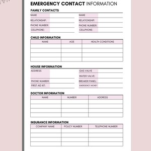 Emergency Contact Info, Babysitter Printable, Contact Information, A4 ...