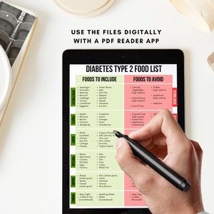 May include: A digital tablet displaying a diabetes type 2 food list. The list is divided into two columns: Foods to Include and Foods to Avoid. The list includes categories for vegetables, fruits, dairy, protein, grains, and drinks. A hand is holding a black marker pen over the list.