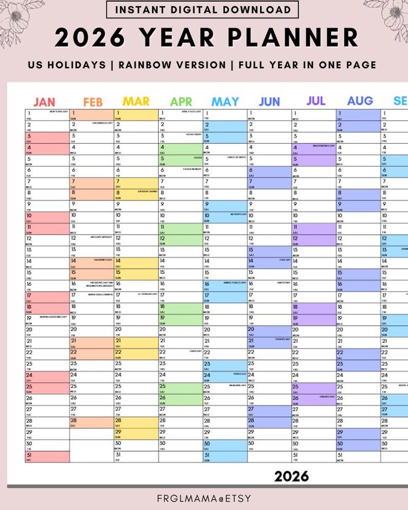 2026 Year Planner: Minimalist Printable Calendar With US Holidays ...