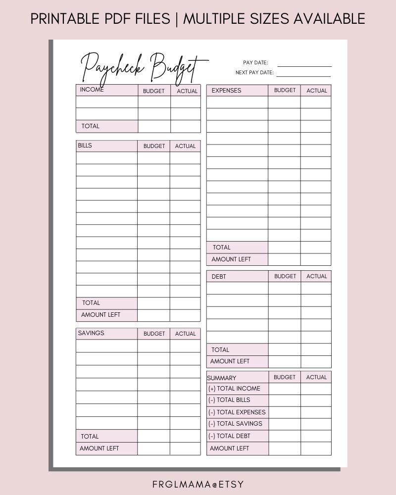 Paycheck Budget Overview Template Debt Payment Tracker | Etsy