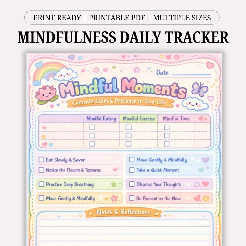 Mindfulness Daily Tracker Printable | Simple Self Care Planner PDF ...
