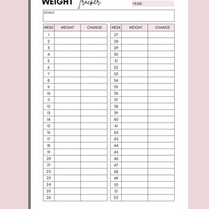 Op de afbeelding: Een printbare gewichts tracker met kolommen voor week, gewicht en verandering. De tracker is ontworpen om 52 weken lang te worden gebruikt.