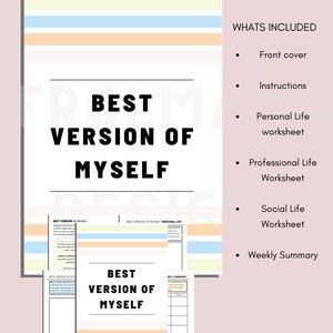Puede incluir: Planificador imprimible con el texto "Best Version of Myself" en negro sobre fondo blanco. El planificador incluye una portada, instrucciones, una hoja de trabajo sobre la vida personal, una hoja de trabajo sobre la vida profesional, una hoja de trabajo sobre la vida social y un resumen semanal.