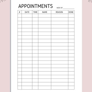 May include: A printable appointment planner with a black and white grid layout. The planner has columns for date, time, name, reason, and done. The text "STYLE 2" is at the top of the page. The text "APPOINTMENTS" is in a larger font size and is centered at the top of the page. The text "WEEK OF:" is at the top of the page. The text "FRGLMAMA@ETSY" is at the bottom of the page.