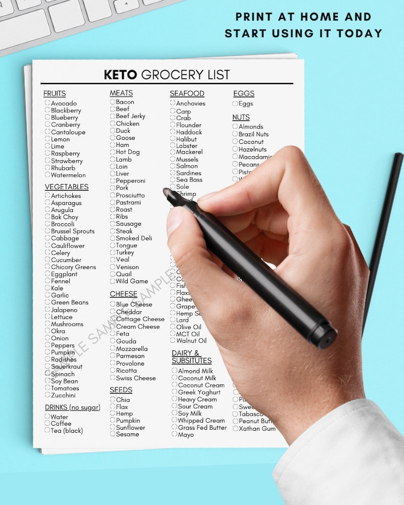 May include: A printable keto grocery list with checkboxes for various food categories, including fruits, vegetables, meats, seafood, eggs, nuts, cheese, seeds, dairy and dairy substitutes, and drinks. The list is printed on white paper with black ink.