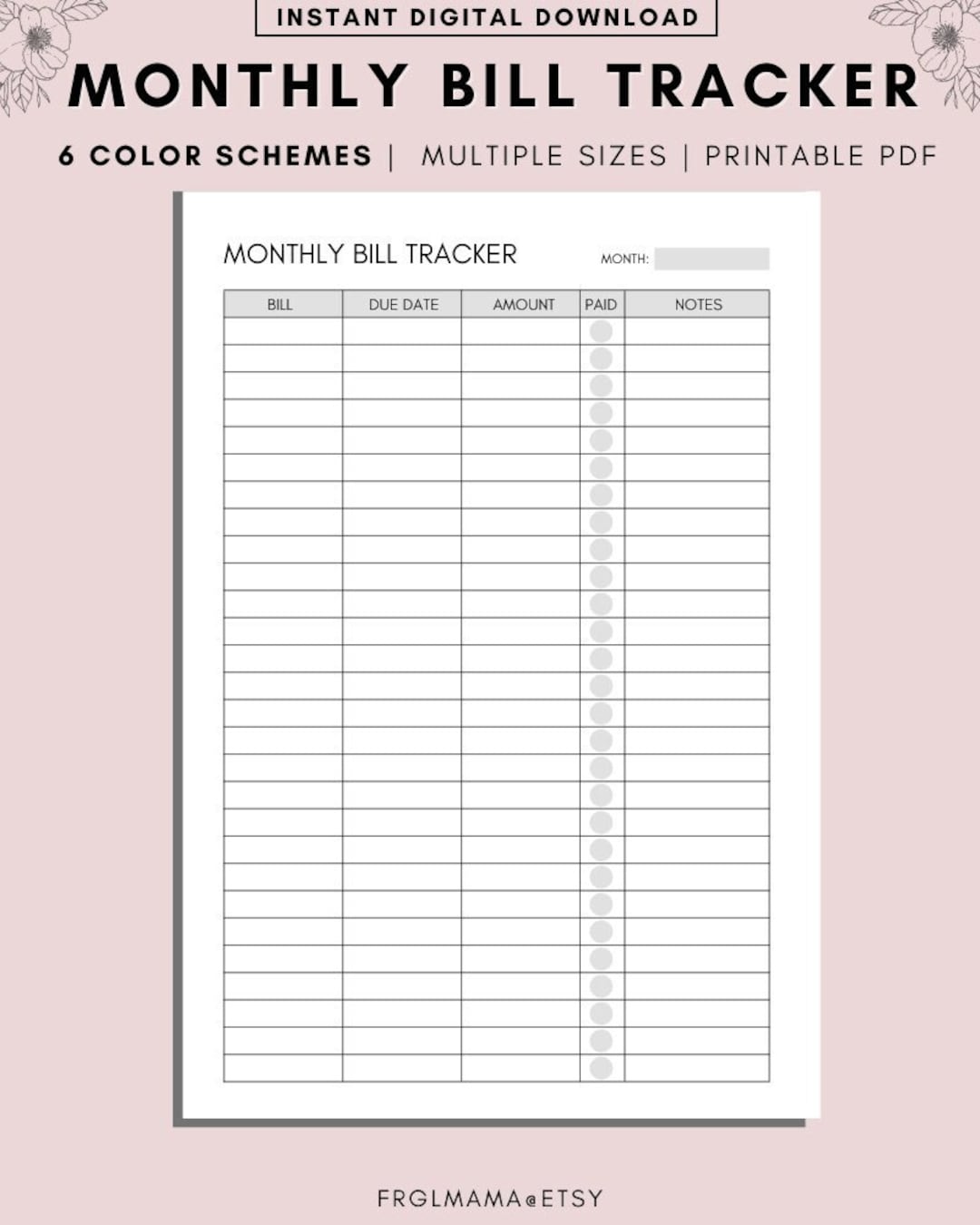 Monthly Bill Tracker Printable Bill Payment Tracker Bill Pay Checklist