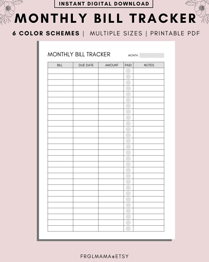 Monthly Bill Payment Tracker, Printable Bill Payment Checklist, Bill Planner,  Monthly Bill Log, Pay Checklist Organizer, Budget Planner 