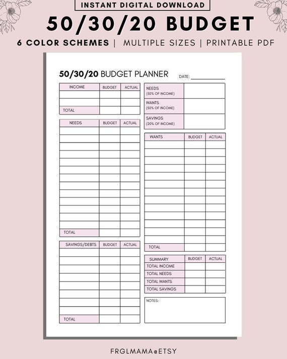 50 30 20 Budget Overview Template Printable Monthly Budget Etsy