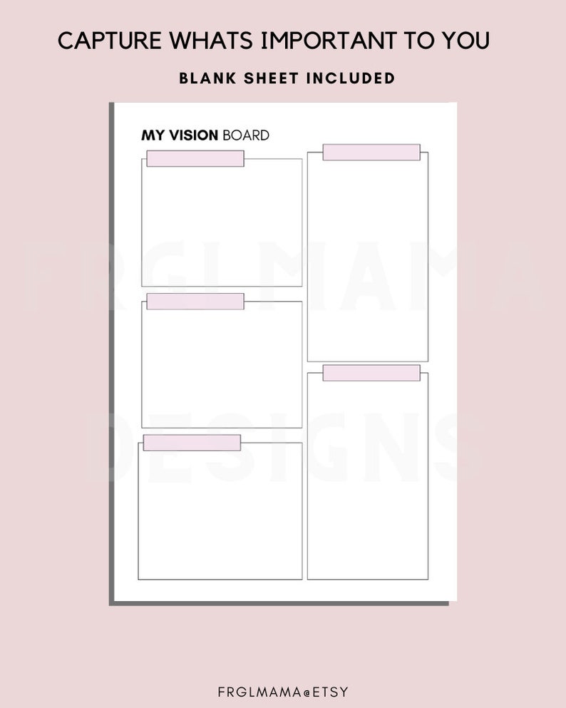 Op de afbeelding: Een printbare vision board-sjabloon met de titel "My Vision Board" en vier lege vierkanten met roze kopteksten. De sjabloon is ontworpen om je te helpen vast te leggen wat belangrijk voor je is.