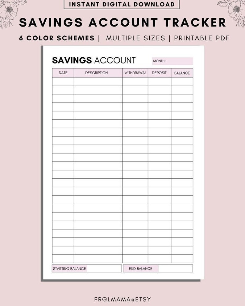 Savings Account Sheet Printable Personal Savings Tracker Etsy UK