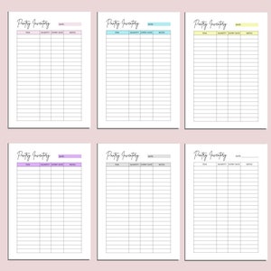 May include: Six printable pantry inventory lists in different colors: pink, blue, yellow, purple, gray, and light blue. Each list has columns for item, quantity, expiry date, and notes.