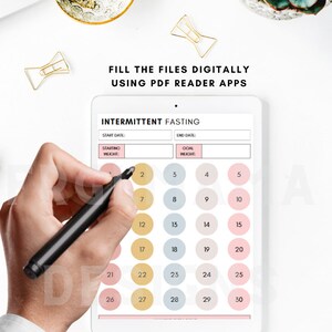 May include: A printable intermittent fasting tracker with a calendar grid of 30 days. The calendar is divided into five columns, each with six circles. The circles are colored in shades of pink, yellow, and blue. The tracker includes fields for start date, end date, starting weight, and goal weight.