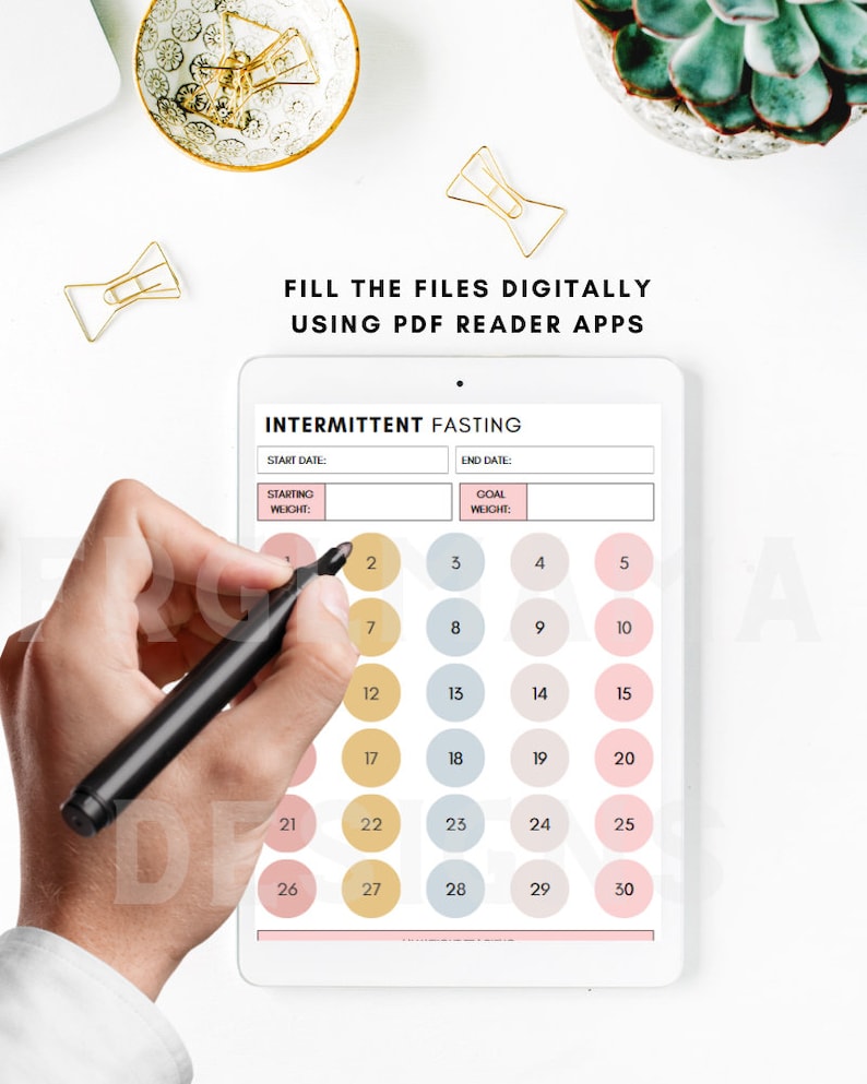 May include: A printable intermittent fasting tracker with a calendar grid of 30 days. The calendar is divided into five columns, each with six circles. The circles are colored in shades of pink, yellow, and blue. The tracker includes fields for start date, end date, starting weight, and goal weight.