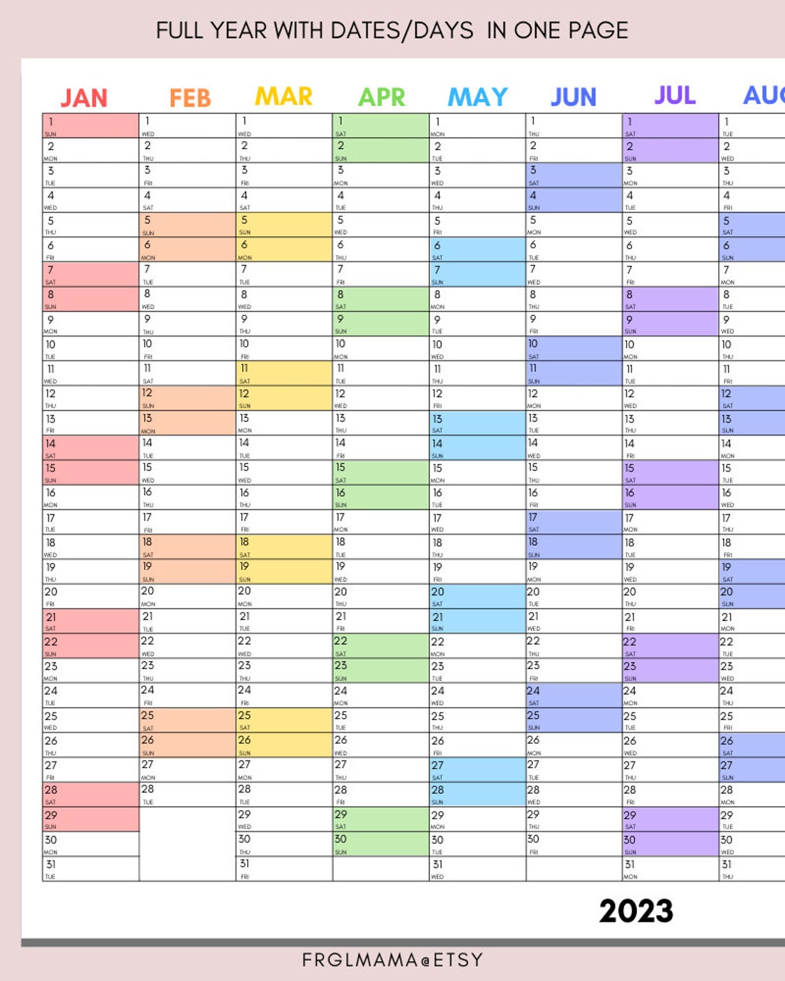 2023 Year Planner Yearly Planner on 1 Page Landscape Etsy Australia