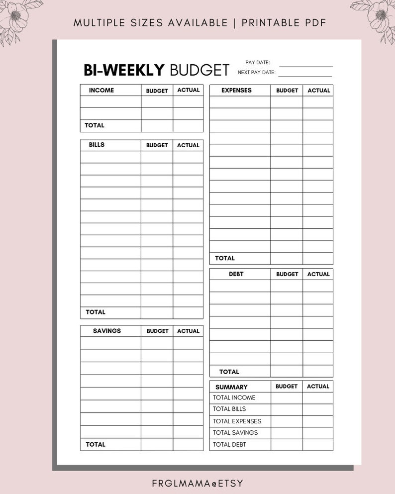 BI WEEKLY Budget Overview Template Printable Paycheck Budget Etsy
