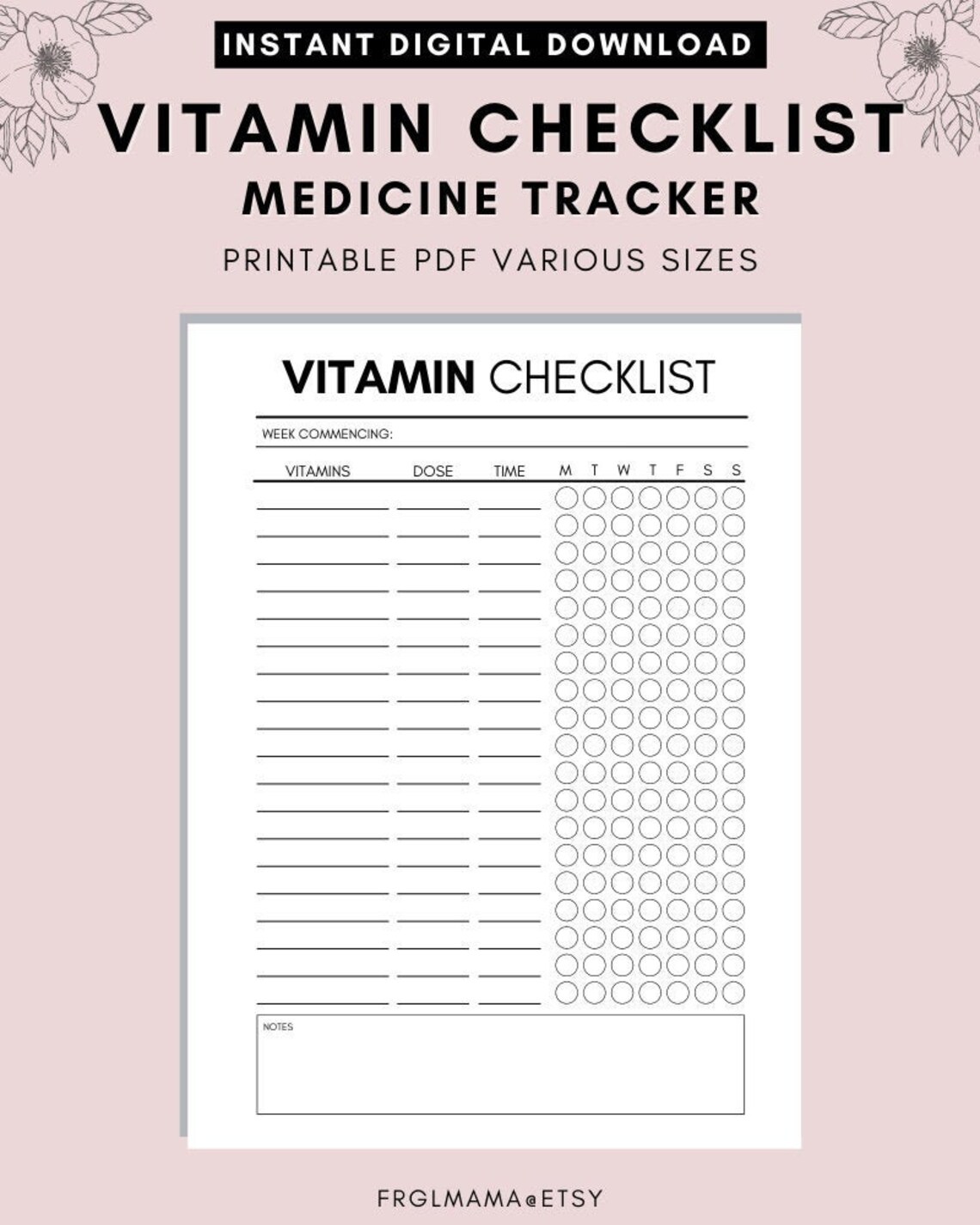 Daily Vitamin Checklist Vitamin Tracker Weekly Supplement Etsy