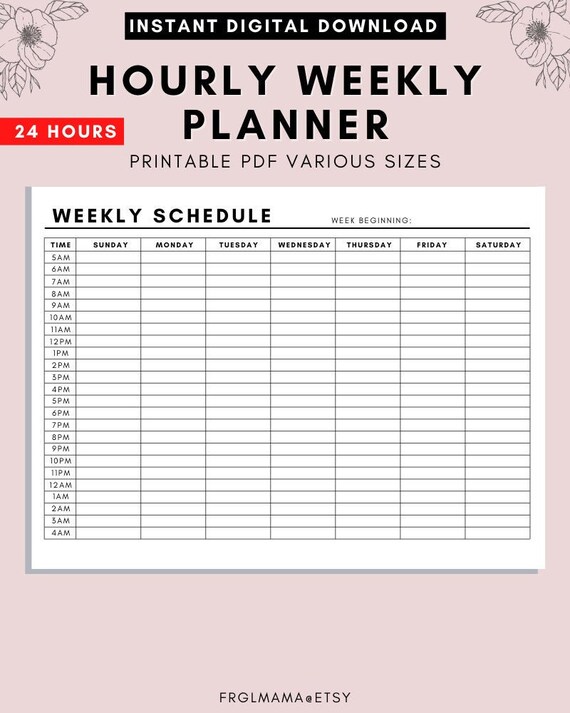 Planificador Semanal Por Hora Imprimible Horario Semanal Etsy Espa a