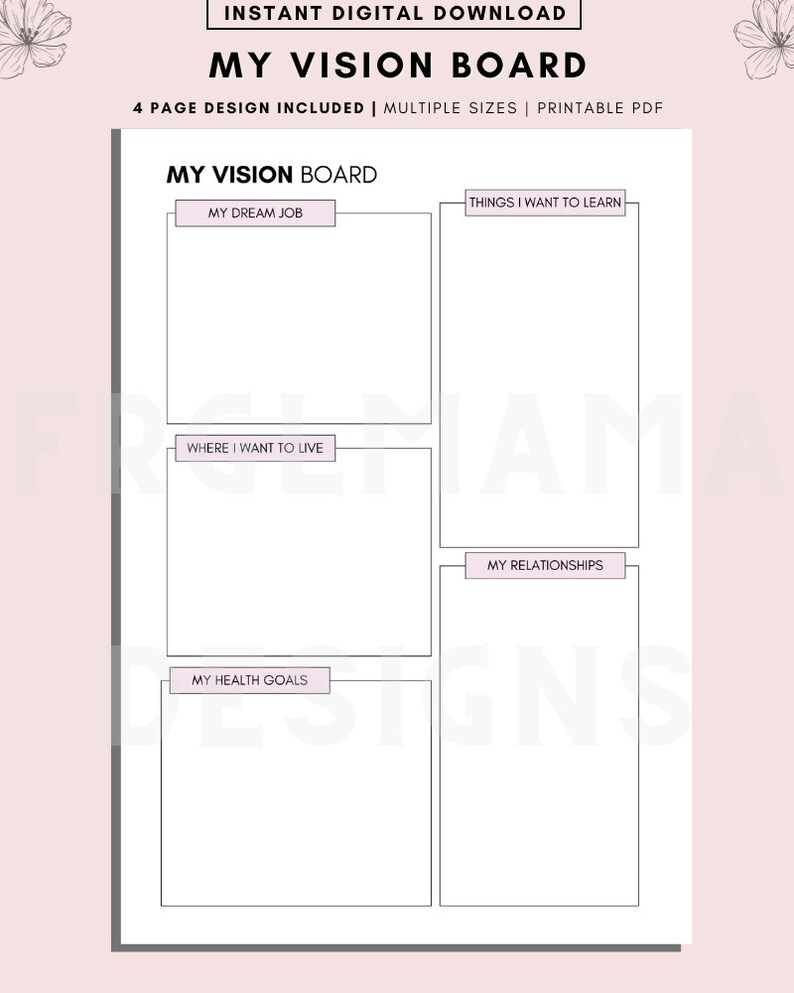 Op de afbeelding: Printbare vision board sjabloon met vier secties: Mijn droombaan, Dingen die ik wil leren, Waar ik wil wonen en Mijn relaties. De sjabloon bevat ook een sectie voor Mijn gezondheidsdoelen.