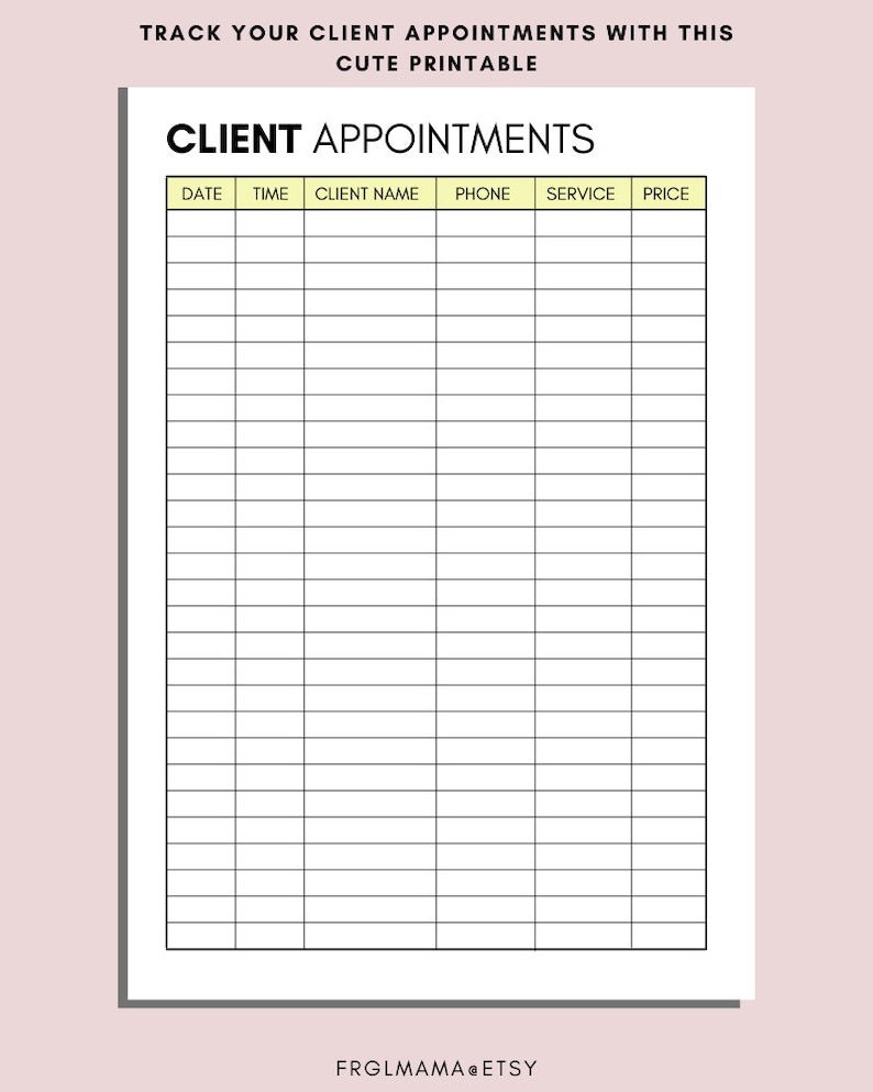 Client Appointment Tracker Printable: Small Business Meeting Schedule ...
