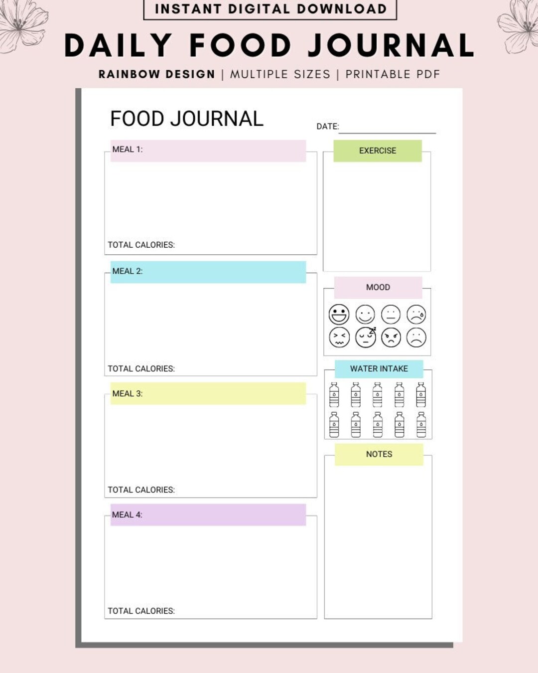 Daily Food Journal, Printable Daily Food Journal, Daily Food Planner ...