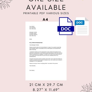 Op de afbeelding: Een afdrukbaar PDF-document sjabloon voor een ontslagbrief. Het document is geformatteerd in A4-formaat, wat 21 cm x 29,7 cm of 8,27 inch x 11,69 inch is. Het document is getiteld "RE: ONTSLAGBRIEF".