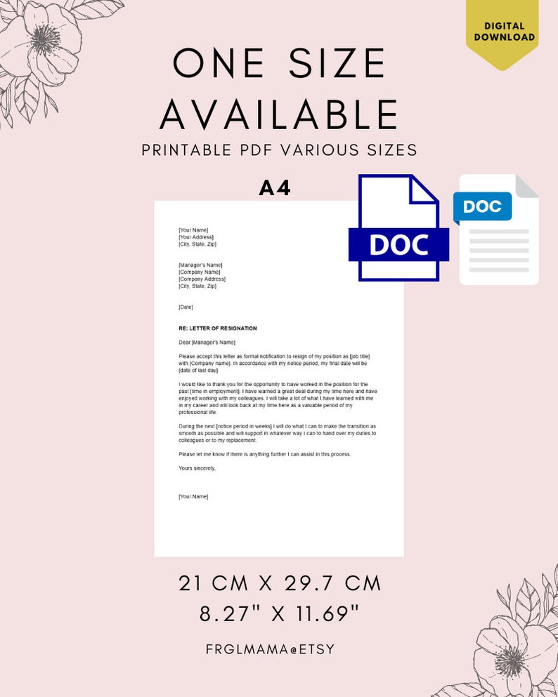 Op de afbeelding: Een afdrukbaar PDF-document sjabloon voor een ontslagbrief. Het document is geformatteerd in A4-formaat, wat 21 cm x 29,7 cm of 8,27 inch x 11,69 inch is. Het document is getiteld "RE: ONTSLAGBRIEF".