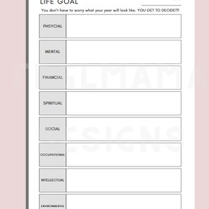 May include: Printable planner with a black and white design. The planner has a section for life goals with categories for physical, mental, financial, spiritual, social, occupational, intellectual, and environmental.
