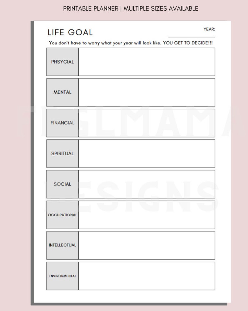 May include: Printable planner with a black and white design. The planner has a section for life goals with categories for physical, mental, financial, spiritual, social, occupational, intellectual, and environmental.