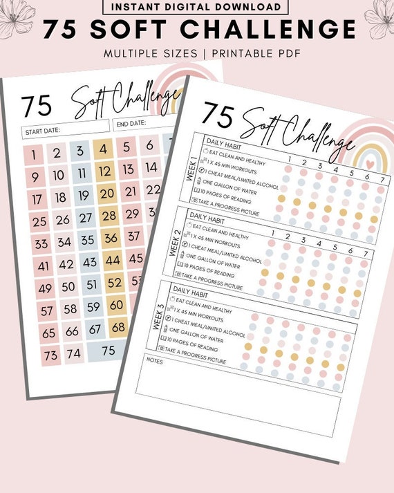 75 Soft Challenge Tracker, 75 Soft Challenge, 75 Day Challenge Printable,  Fitness Journal, Self Improvement, Weight Loss Challenge, PDF 