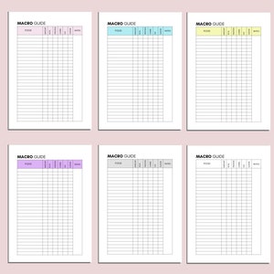 Puede incluir: Seis hojas de seguimiento de macros imprimibles con diferentes dise&ntilde;os. Cada hoja tiene columnas para alimentos, calor&iacute;as, prote&iacute;nas, carbohidratos, grasas y notas. Las hojas son de varios colores, incluyendo rosa, azul, amarillo y gris.