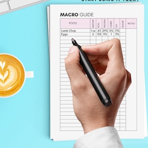Puede incluir: Una gu&iacute;a de macros imprimible con un encabezado rosa y columnas para alimentos, cantidad, calor&iacute;as, prote&iacute;nas, carbohidratos, grasas, az&uacute;car y notas. La gu&iacute;a enumera una chuleta de cordero y huevos con sus desgloses de macros correspondientes.