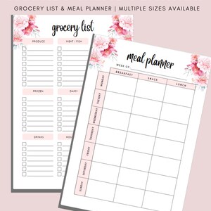 May include: A digital download of a weekly meal planner and grocery list. The design features floral accents and the text "WEEKLY MEAL PLANNER" and "grocery list". The grocery list includes sections for produce, meat/fish, frozen, dairy, drinks, and household items.