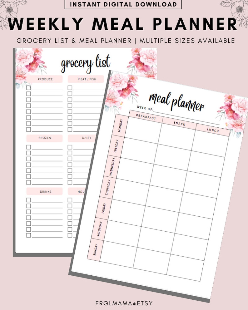 May include: A digital download of a weekly meal planner and grocery list. The design features floral accents and the text "WEEKLY MEAL PLANNER" and "grocery list". The grocery list includes sections for produce, meat/fish, frozen, dairy, drinks, and household items.