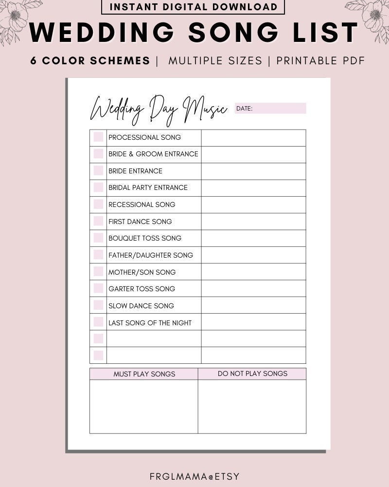 Printable Wedding Song List, Wedding Playlist, Wedding Music List, DJ Song  List, Wedding DJ Questionnaire, Wedding Processional Songs, PDF -   Canada