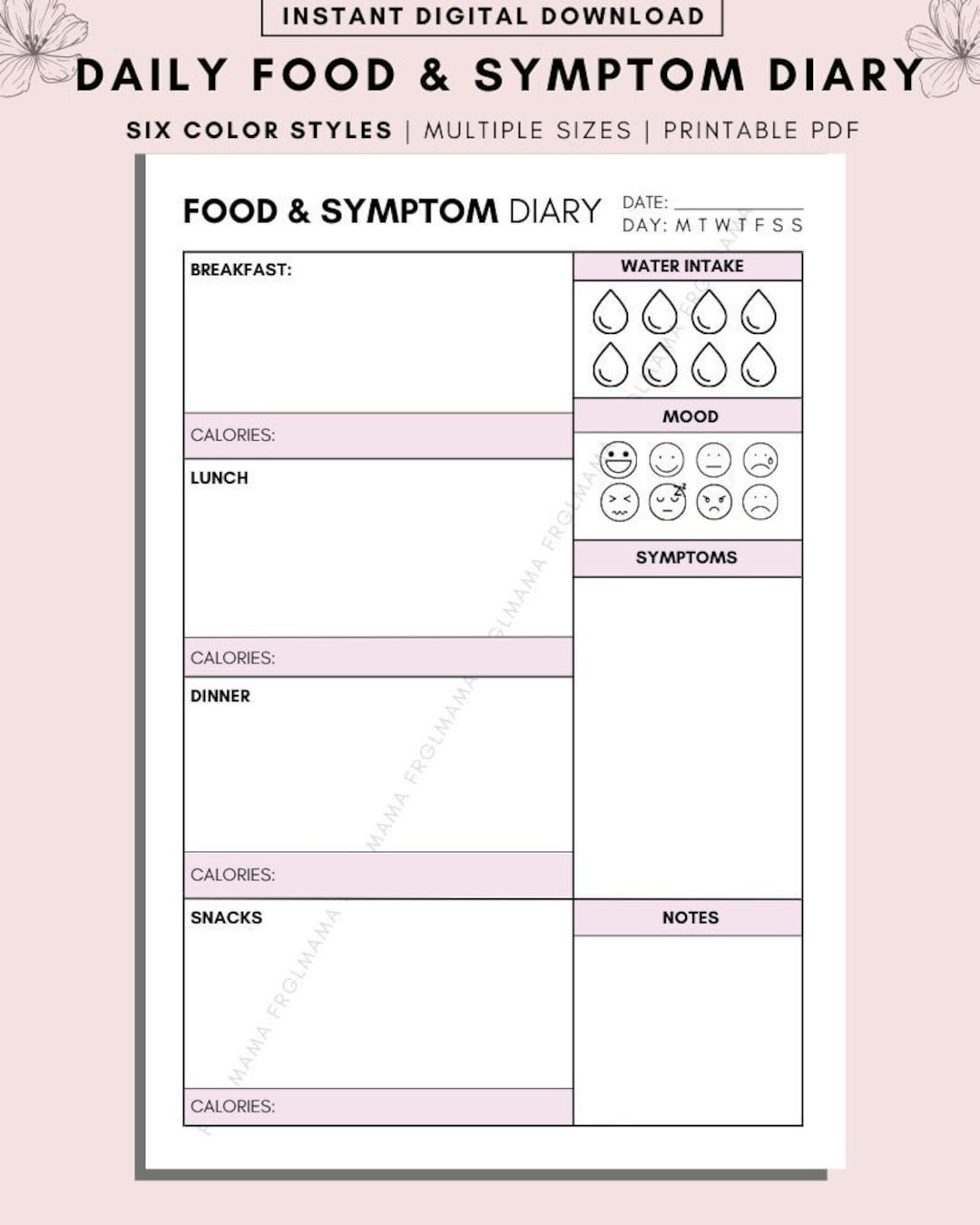 Daily Food & Symptom Diary Printable, Printable Daily Food Journal ...