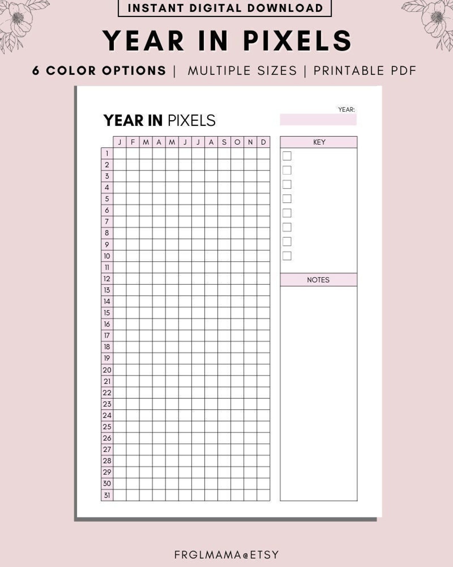 Year in Pixels Mood Tracker Printable: A4, A5, Letter (PDF Download ...