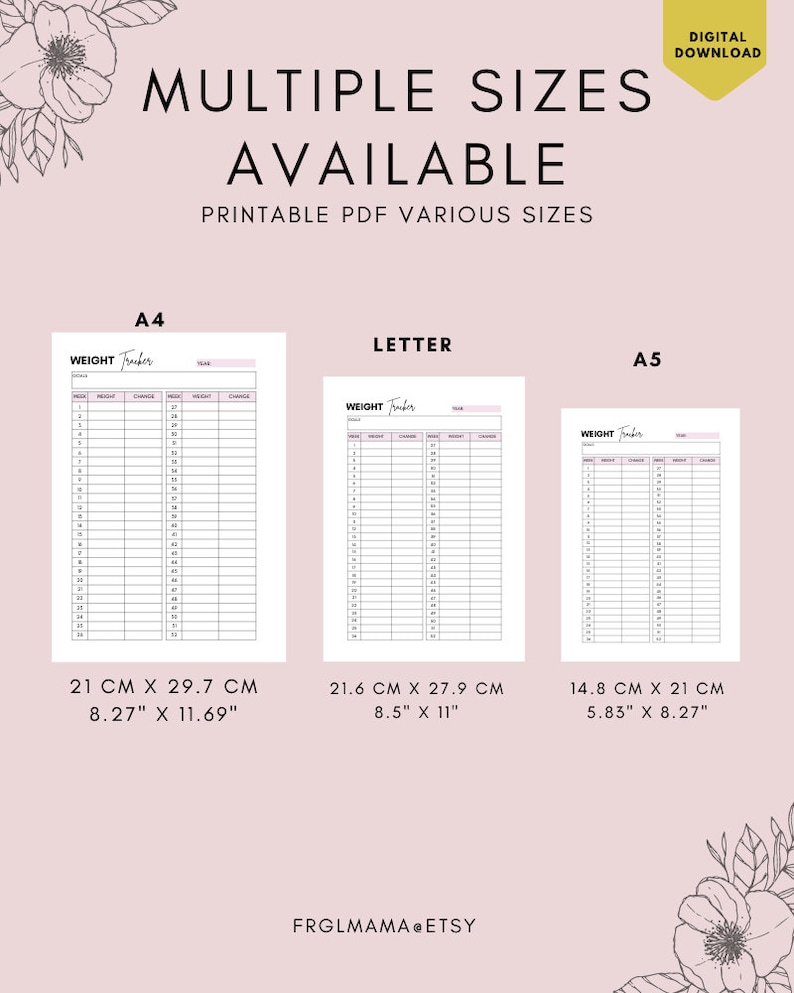 Op de afbeelding: Printbare gewichts tracker in drie verschillende formaten: A4 (21 cm x 29,7 cm), Letter (21,6 cm x 27,9 cm) en A5 (14,8 cm x 21 cm).