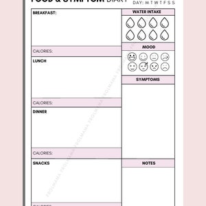 Daily Food &amp; Symptom Diary Printable, Printable Daily Food Journal ...