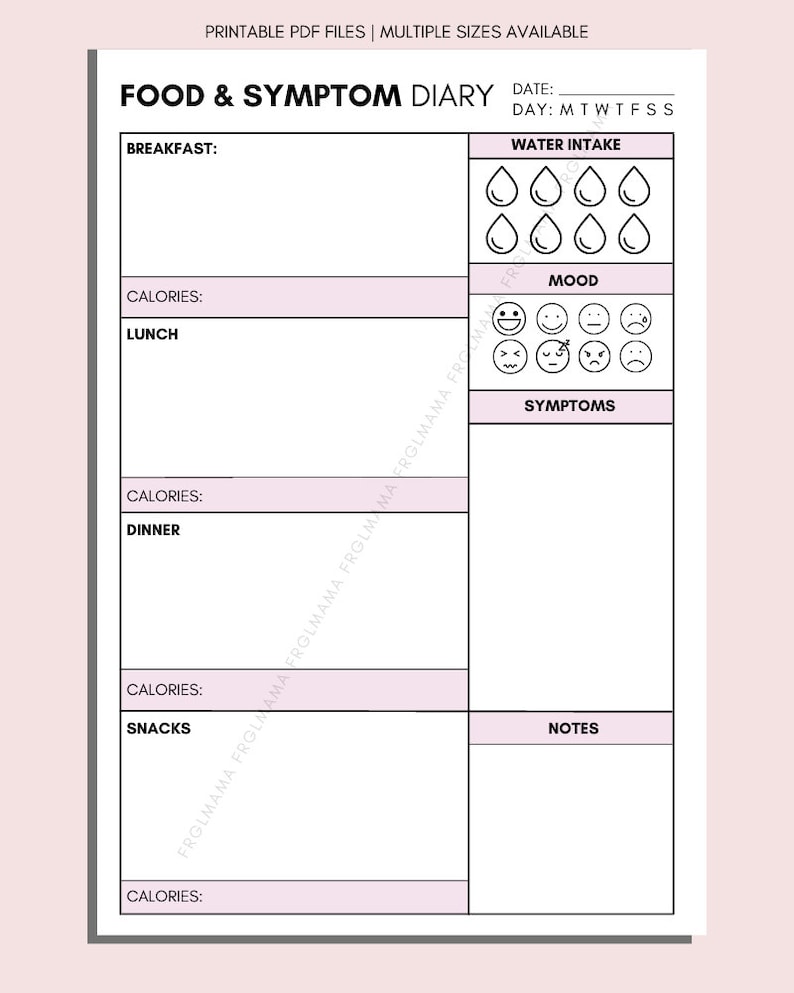 Daily Food & Symptom Diary Printable Printable Daily Food - Etsy