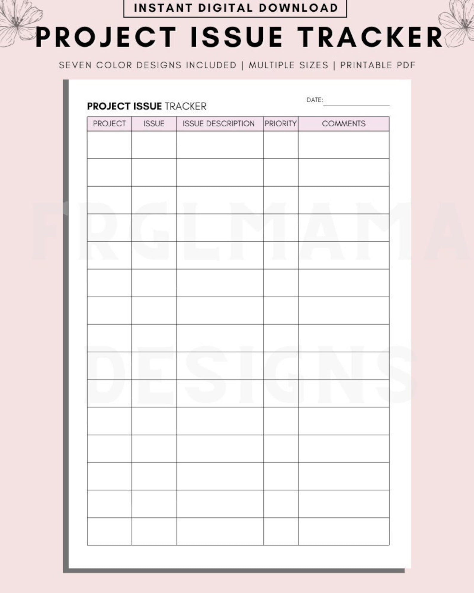 Project Issue Tracker Printable: Project Planning Log (A4, A5, Letter ...