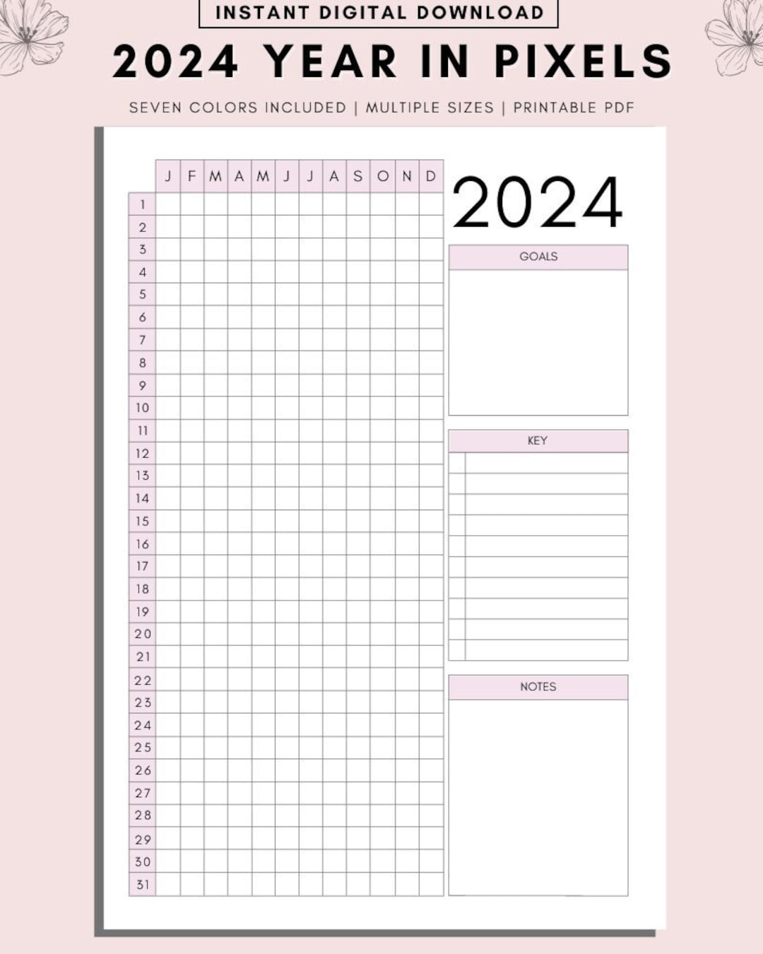 A Year in Pixels Printable, 2024 Mood Tracker Printable, 2024 Year in