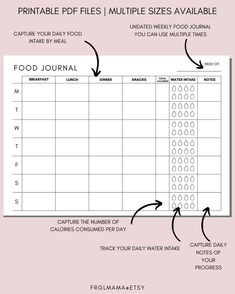 Printable Food Journal: Minimalist Weekly Calorie Tracker (A4 A5 Letter PDF) - Etsy UK