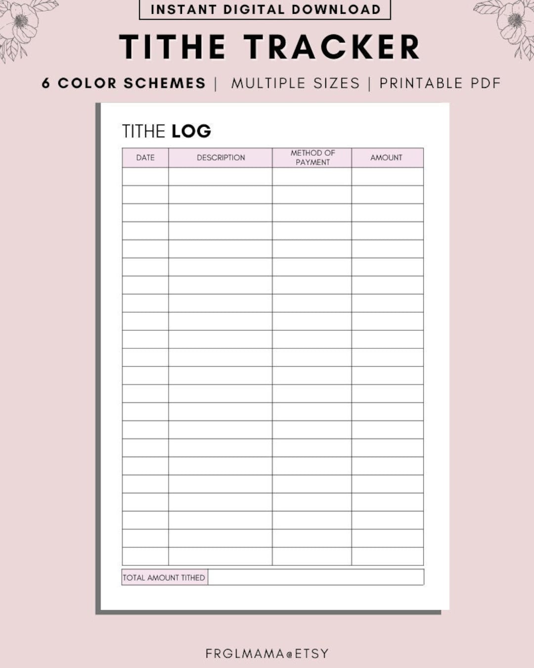 Printable tithe record one page giving log financial donation record